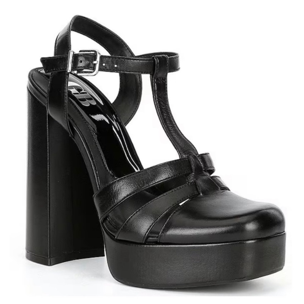 NEW Gianni Bini GB “Mem-Ories” Black Leather T-Strap Platform Sandals NWT
